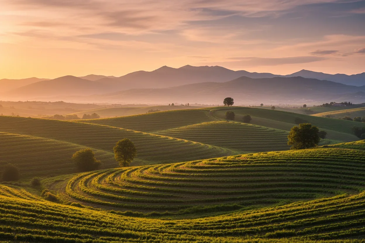 Filari coltivati sulle colline al tramonto