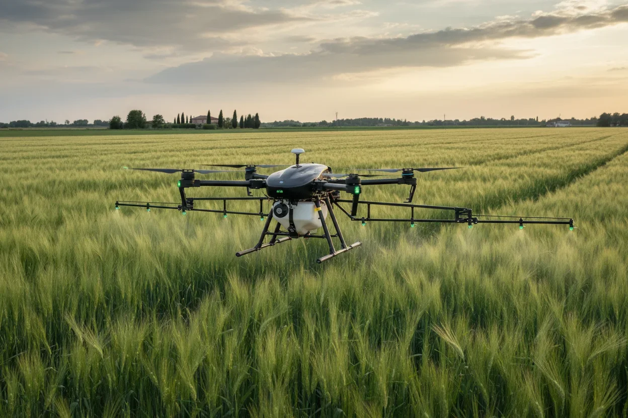 Drone agricolo in volo sopra un campo