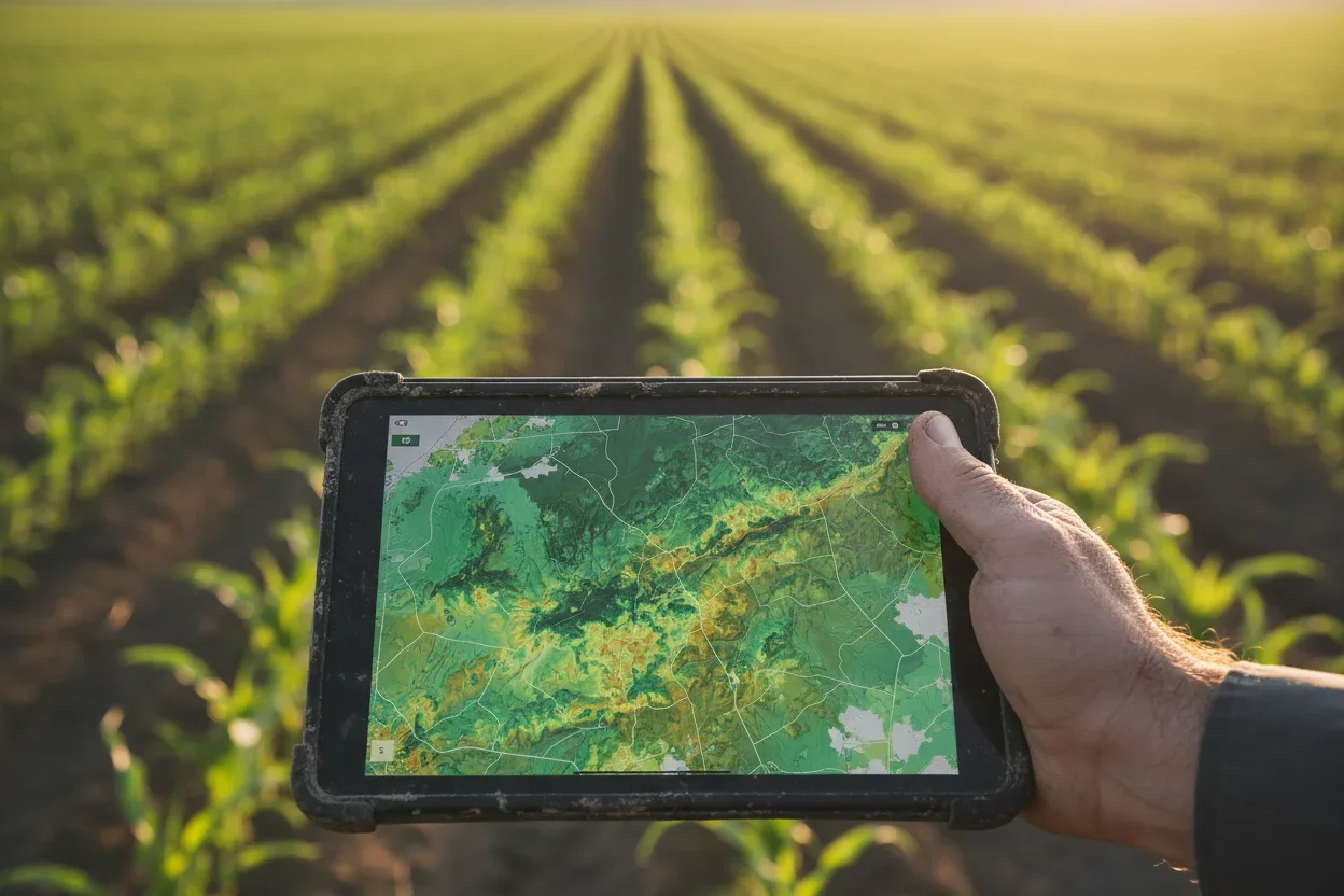 Mano che tiene un tablet con la mappa del campo
